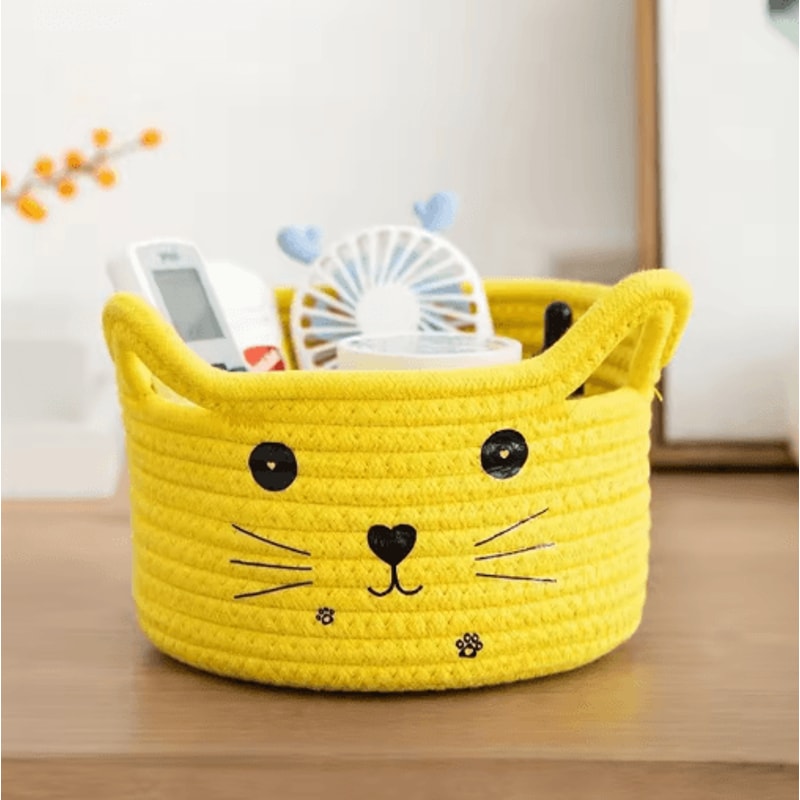 Cat Face Woven Cotton Storage Basket Cute Home Organizer For Toys Clothes Pet Supplies 3