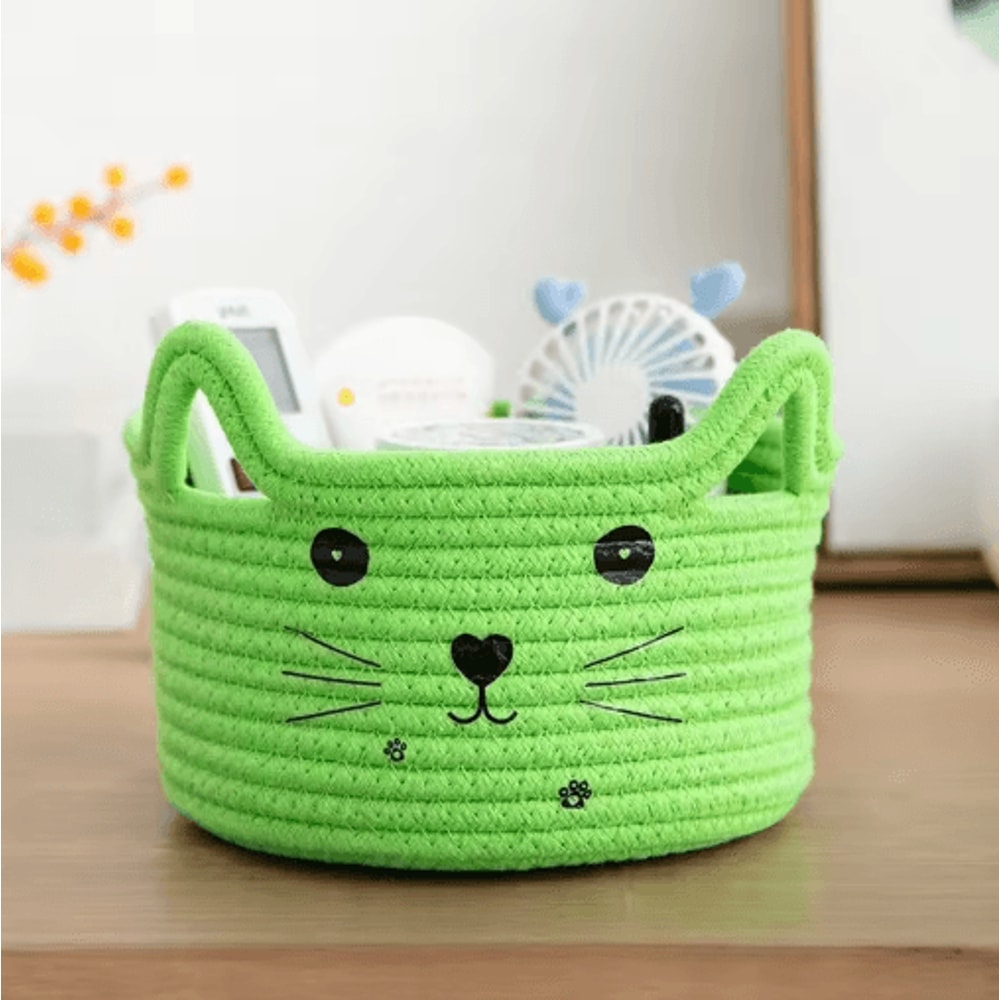 Cat Face Woven Cotton Storage Basket Cute Home Organizer For Toys Clothes Pet Supplies 5