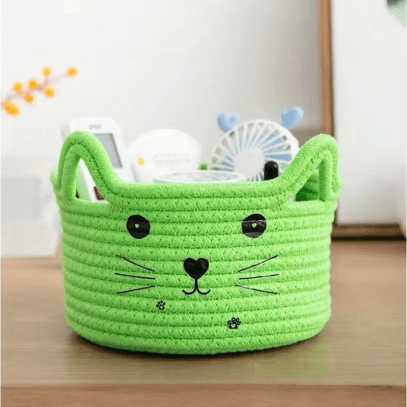 Cat Face Woven Cotton Storage Basket Cute Home Organizer For Toys Clothes Pet Supplies 5