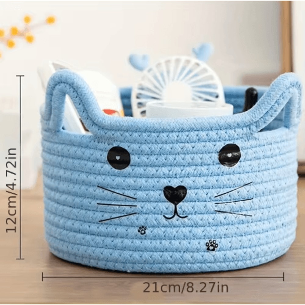 Cat Face Woven Cotton Storage Basket Cute Home Organizer For Toys Clothes Pet Supplies 6