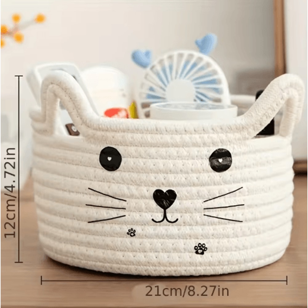 Cat Face Woven Cotton Storage Basket Cute Home Organizer For Toys Clothes Pet Supplies 7