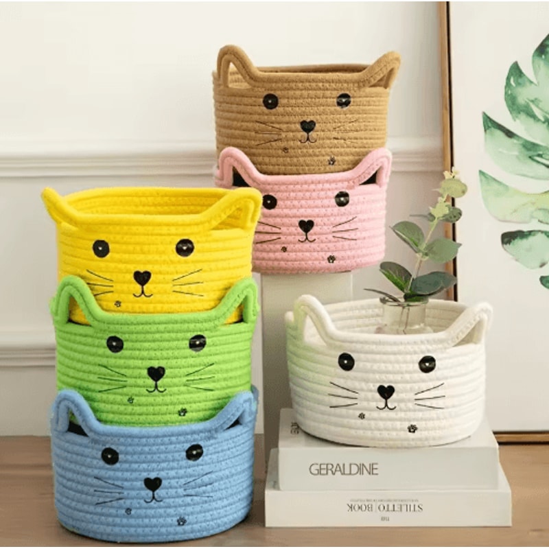 Cat Face Woven Cotton Storage Basket Cute Home Organizer For Toys Clothes Pet Supplies 9