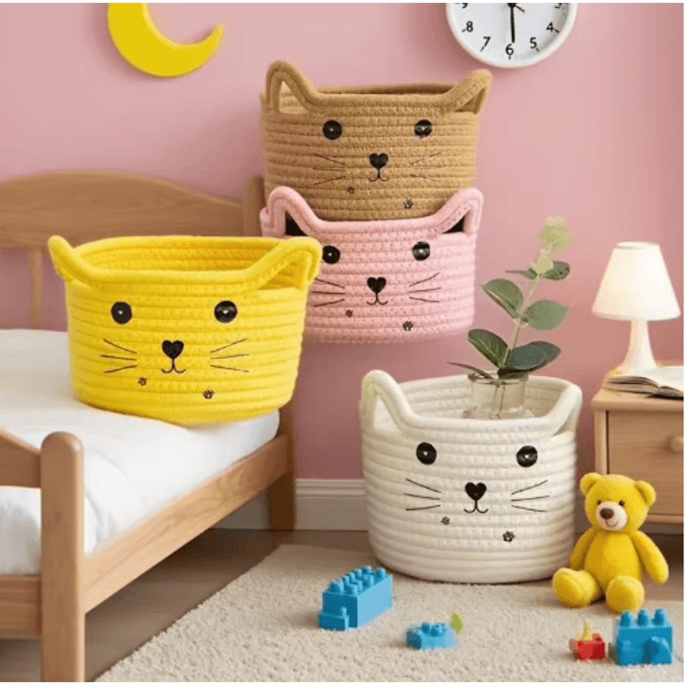 Cat Face Woven Cotton Storage Basket Cute Home Organizer For Toys Clothes Pet Supplies 0