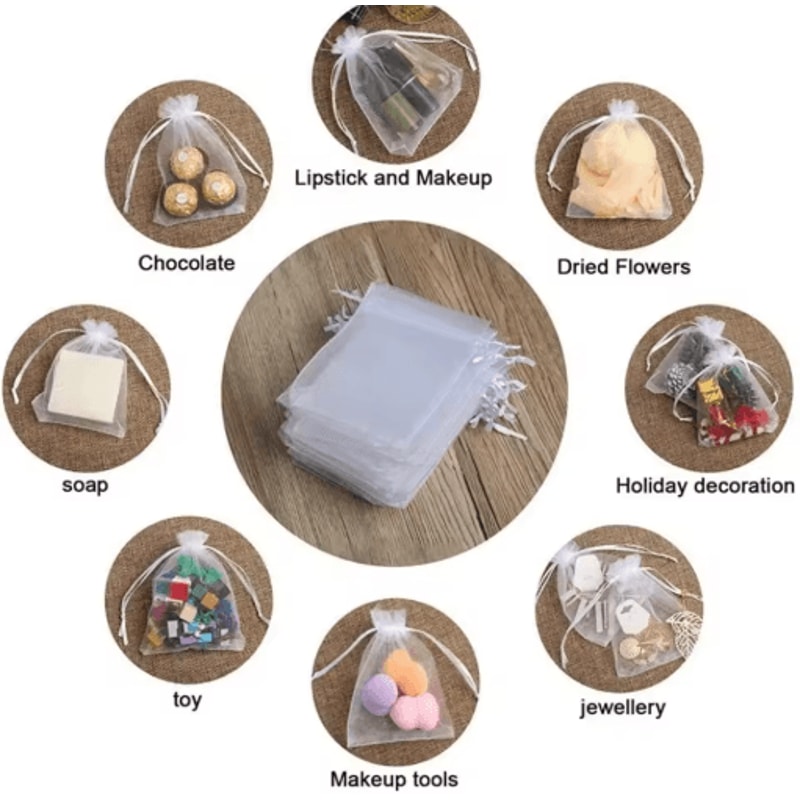 White Organza Drawstring Gift Bags 100Pack Elegant Party Jewelry Favor Pouches 3