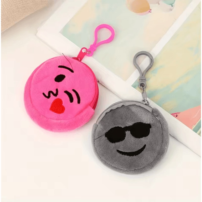 Cartoon Plush Coin Purses 5Pack Zippered Mini Wallets With Cute Expressions Keychain 4