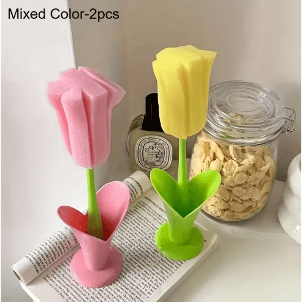 Tulip Cup Cleaning Brush With Detachable Sponge Head 2Pack Long Handle Bottle Glass Cleaner 1