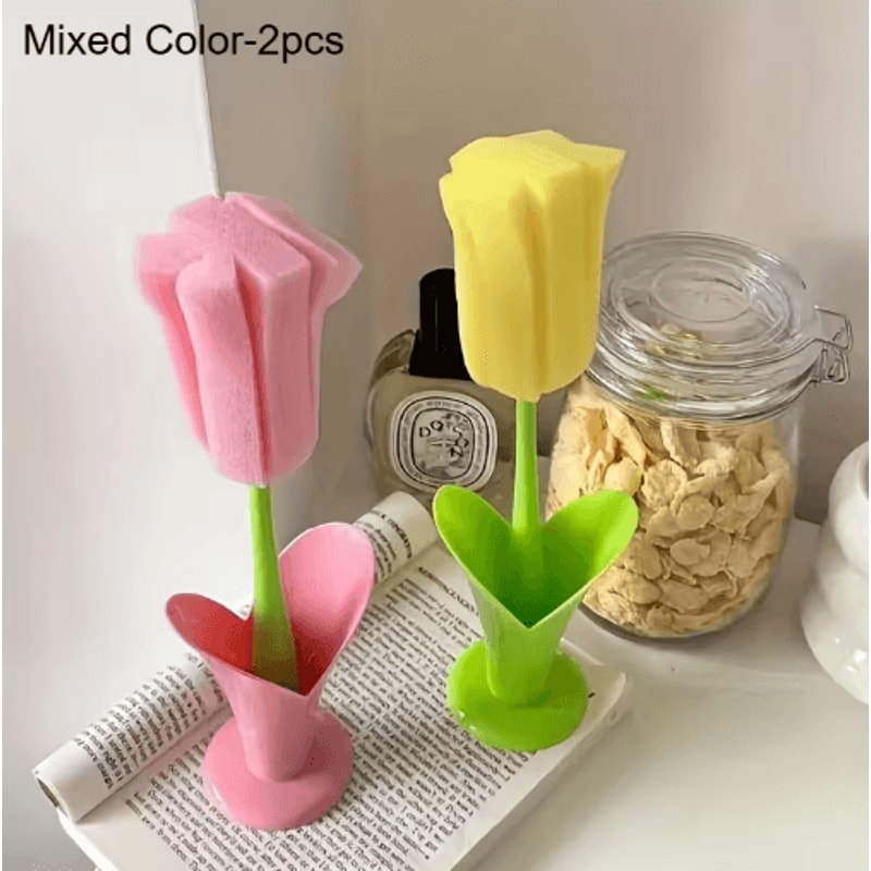 Tulip Cup Cleaning Brush With Detachable Sponge Head 2Pack Long Handle Bottle Glass Cleaner 1