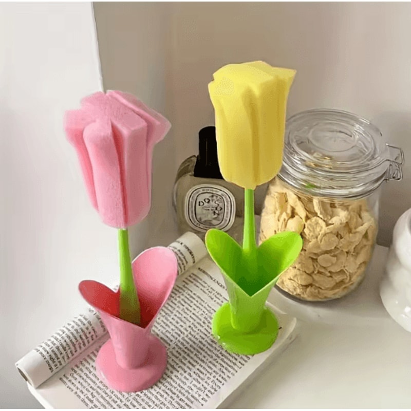 Tulip Cup Cleaning Brush With Detachable Sponge Head 2Pack Long Handle Bottle Glass Cleaner 5