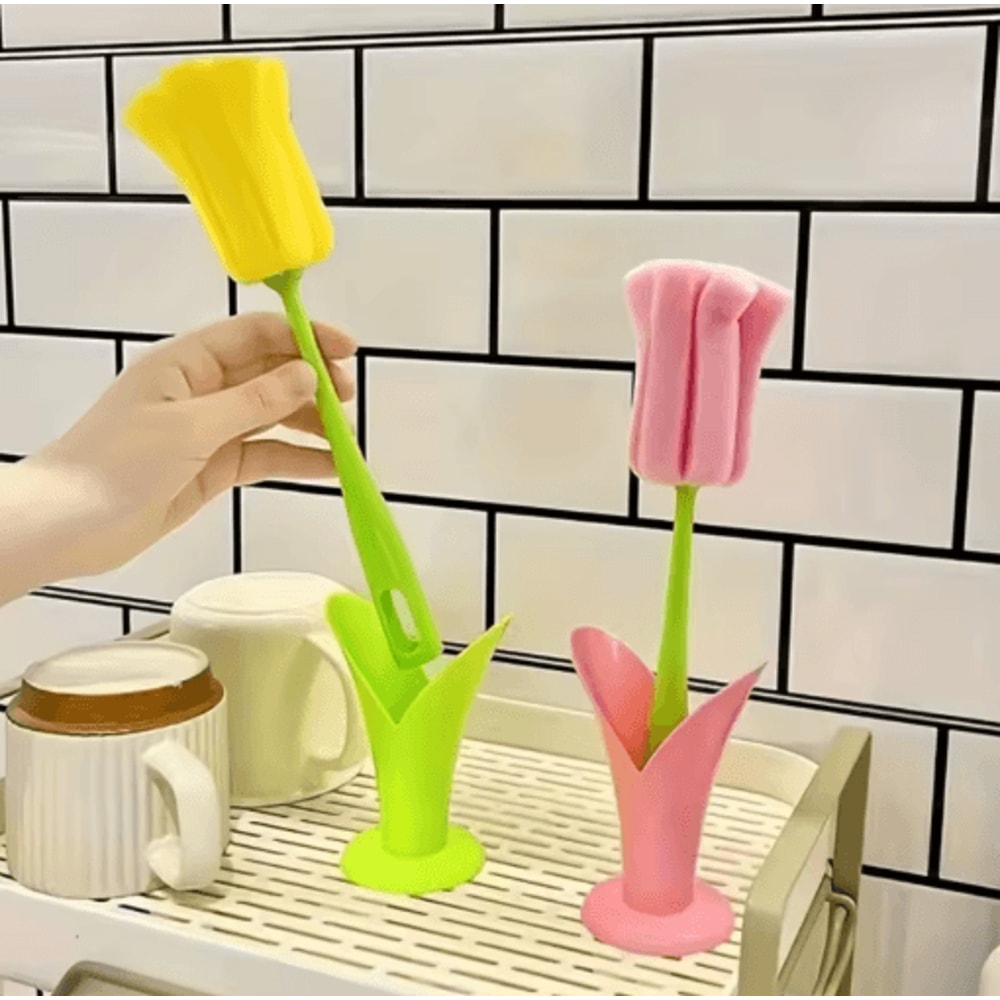 Tulip Cup Cleaning Brush With Detachable Sponge Head 2Pack Long Handle Bottle Glass Cleaner 6