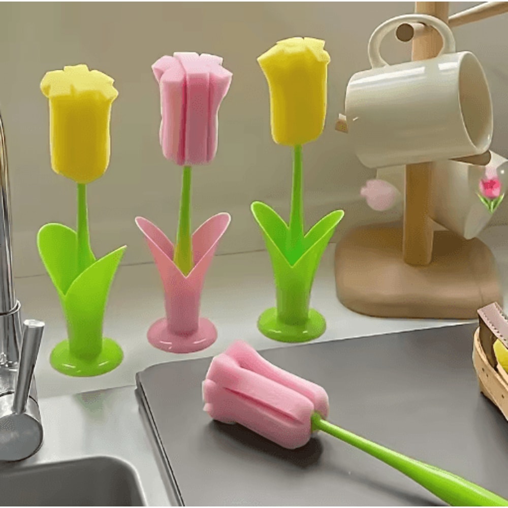 Tulip Cup Cleaning Brush With Detachable Sponge Head 2Pack Long Handle Bottle Glass Cleaner 0