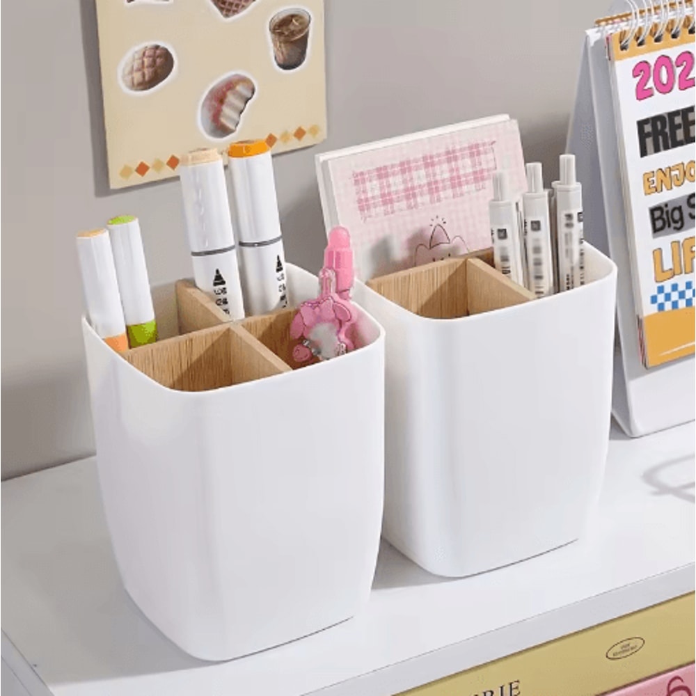 Bamboo Partition Desk Organizer 4Slot Pen Jewelry Office Storage Box 6