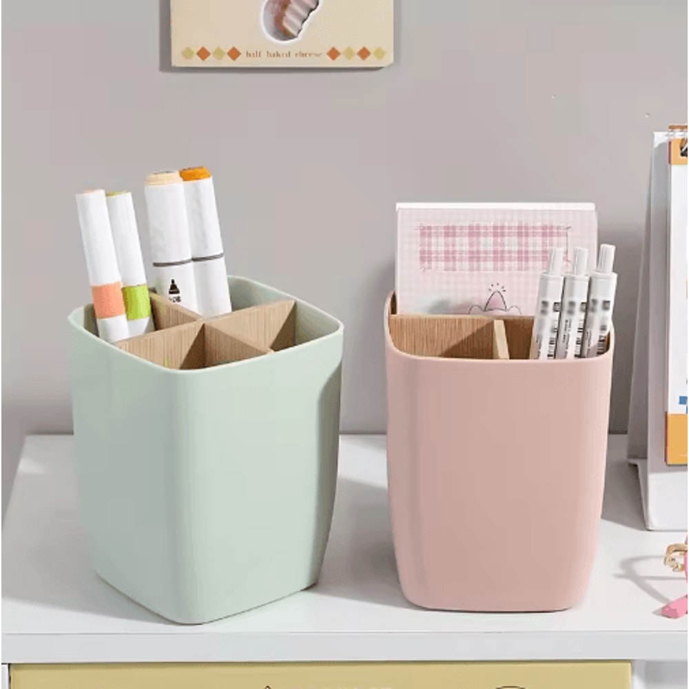 Bamboo Partition Desk Organizer 4Slot Pen Jewelry Office Storage Box 8