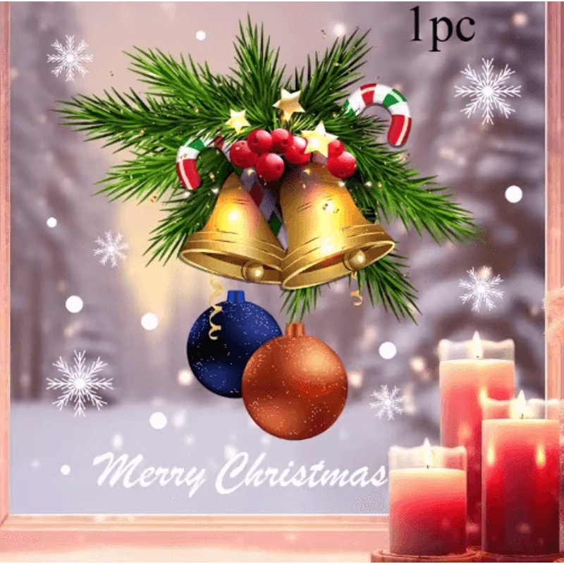 Reusable Christmas Window Stickers Static Cling Golden Bells Red Berries Snowflakes 1pc 2pcs 1