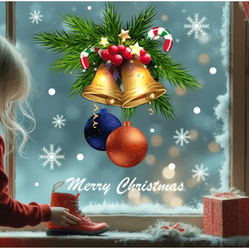 Reusable Christmas Window Stickers Static Cling Golden Bells Red Berries Snowflakes 1pc 2pcs 6