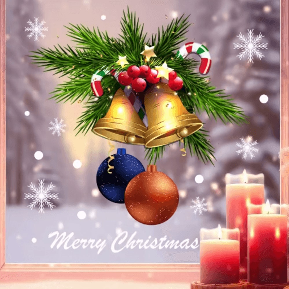 Reusable Christmas Window Stickers Static Cling Golden Bells Red Berries Snowflakes 1pc 2pcs 0