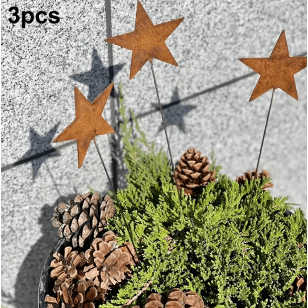 Rustic Metal Star Garden Stakes 3Piece Set Iron Silhouette Outdoor Yard Planter Decor 1