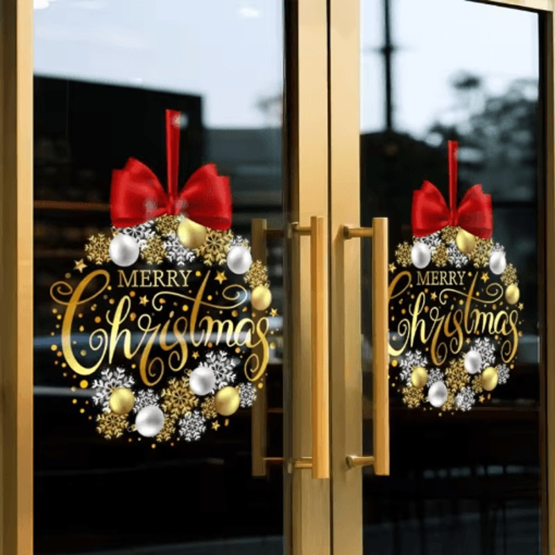 Christmas Wreath Window Sticker Golden Snowflake Red Bow Static Cling Glass Decal 4