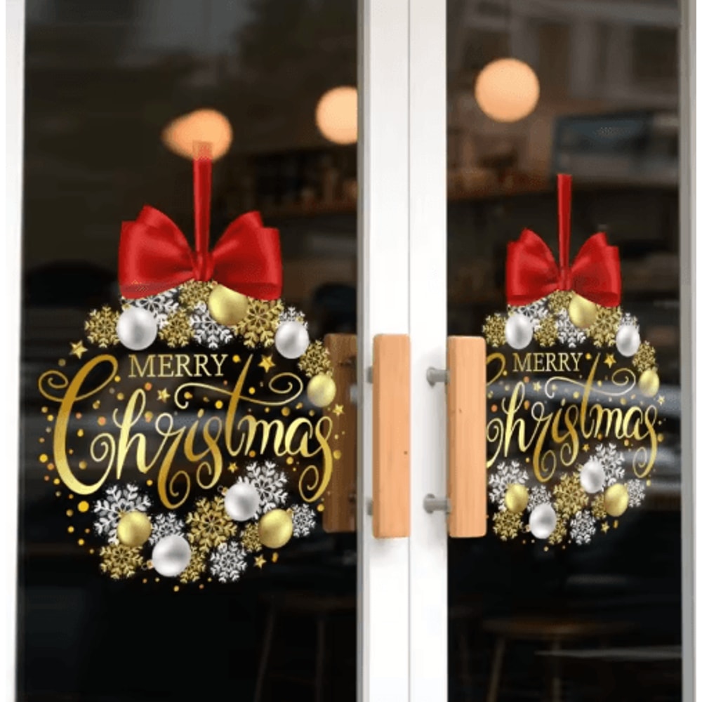 Christmas Wreath Window Sticker Golden Snowflake Red Bow Static Cling Glass Decal 5