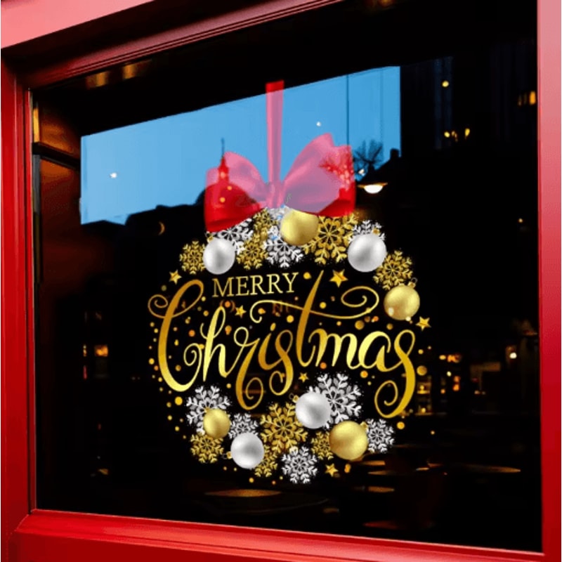 Christmas Wreath Window Sticker Golden Snowflake Red Bow Static Cling Glass Decal 0