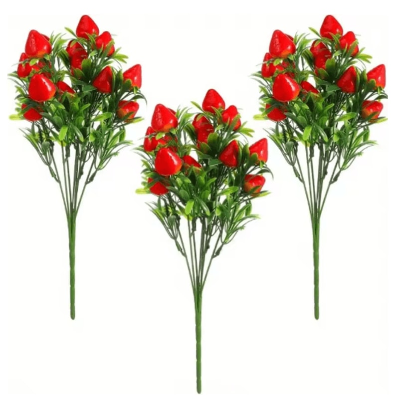 Artificial Strawberry Plant Branches 3 Pack Long Stem Fake Fruit Decor For Home And Seasonal Stylin 0