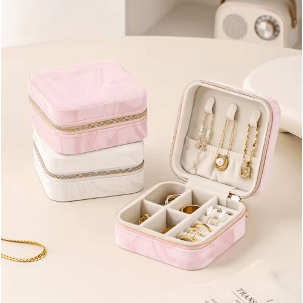 Mini Square Travel Jewelry Box Portable Zipper Organizer For Rings Necklaces 0