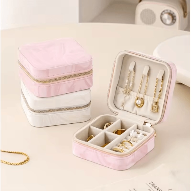 Mini Square Travel Jewelry Box Portable Zipper Organizer For Rings Necklaces 0