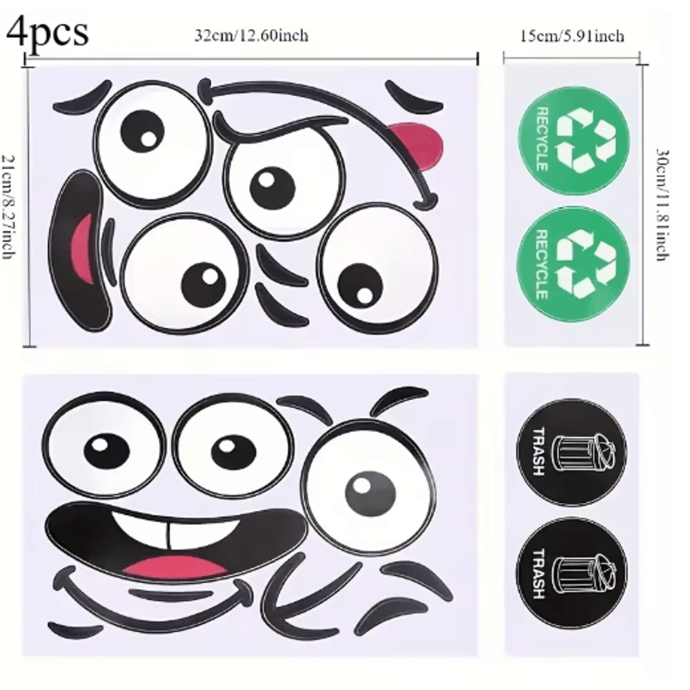 4Piece Cartoon Face Trash Can Stickers Fun Waterproof PVC Decals For Home Decor 1