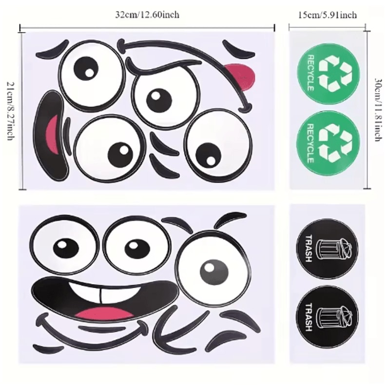 4Piece Cartoon Face Trash Can Stickers Fun Waterproof PVC Decals For Home Decor 2