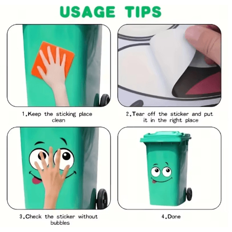 4Piece Cartoon Face Trash Can Stickers Fun Waterproof PVC Decals For Home Decor 3