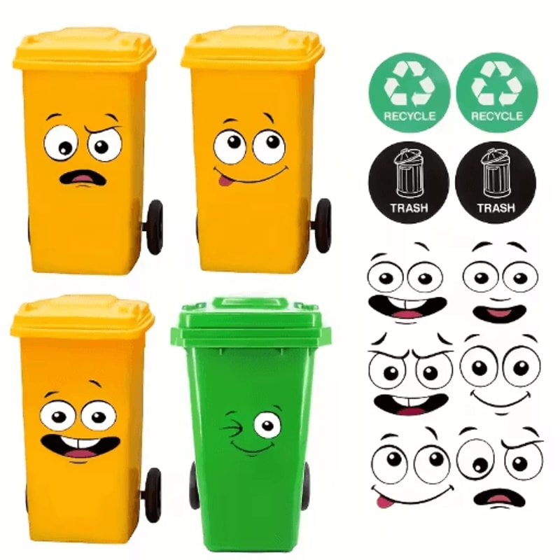 4Piece Cartoon Face Trash Can Stickers Fun Waterproof PVC Decals For Home Decor 0