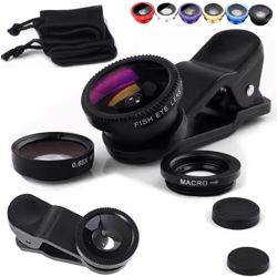 3-in-1 smartphone camera lens kit – fisheye, wide angle & macro clip-on lens