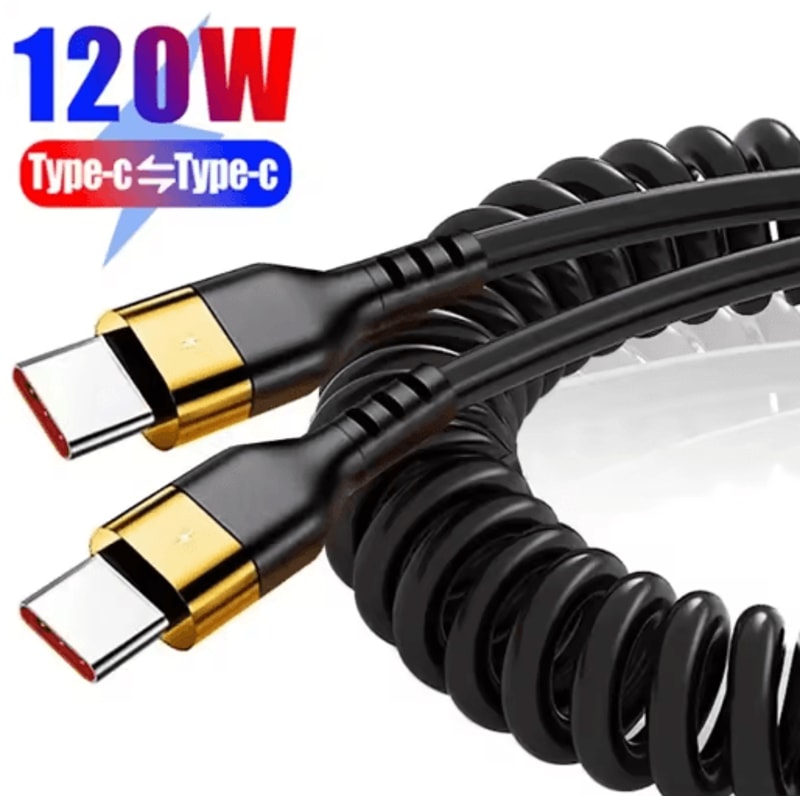 120W USBC To USBC Car Charging Cable 5A Fast Charge Spring Telescopic Cord 0