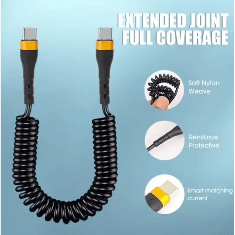 120W USBC To USBC Car Charging Cable 5A Fast Charge Spring Telescopic Cord 9