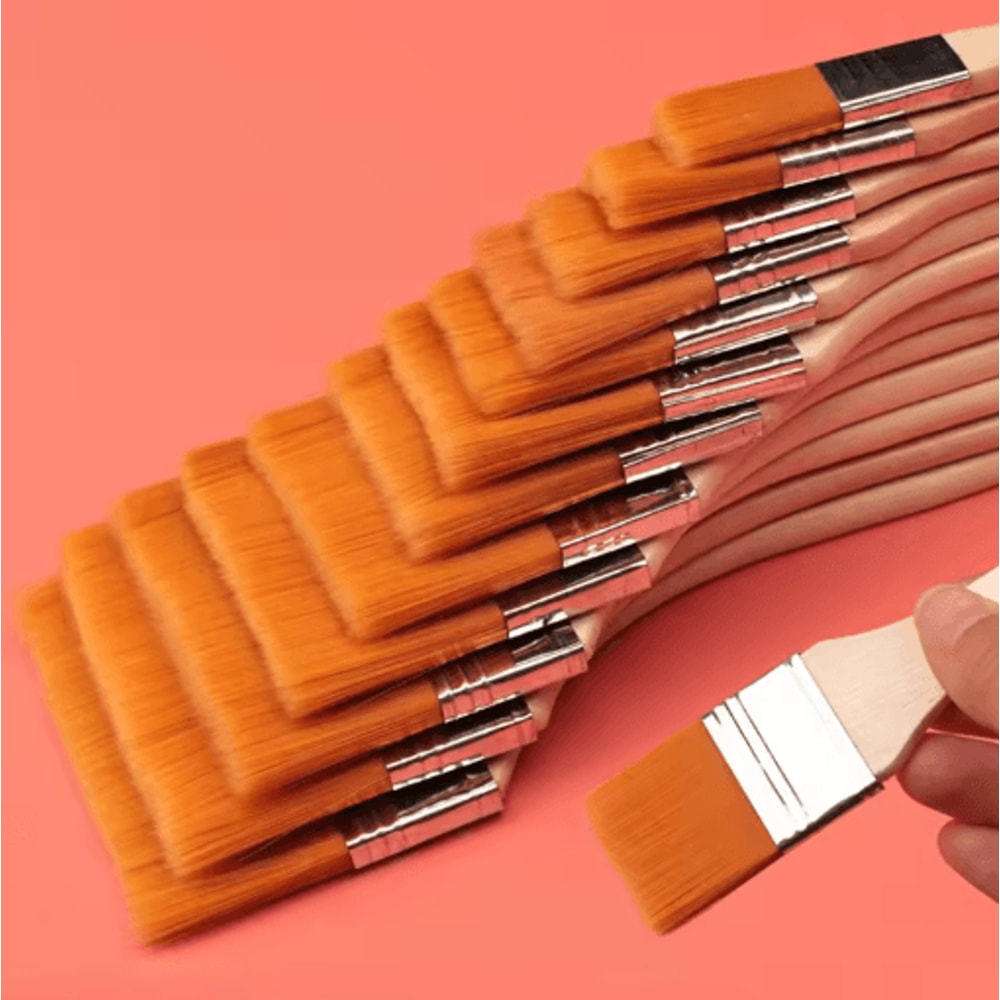 12 Piece Nylon Paint Brush Set Smooth Wooden Handle Brushes For Acrylic Oil Watercolor 0
