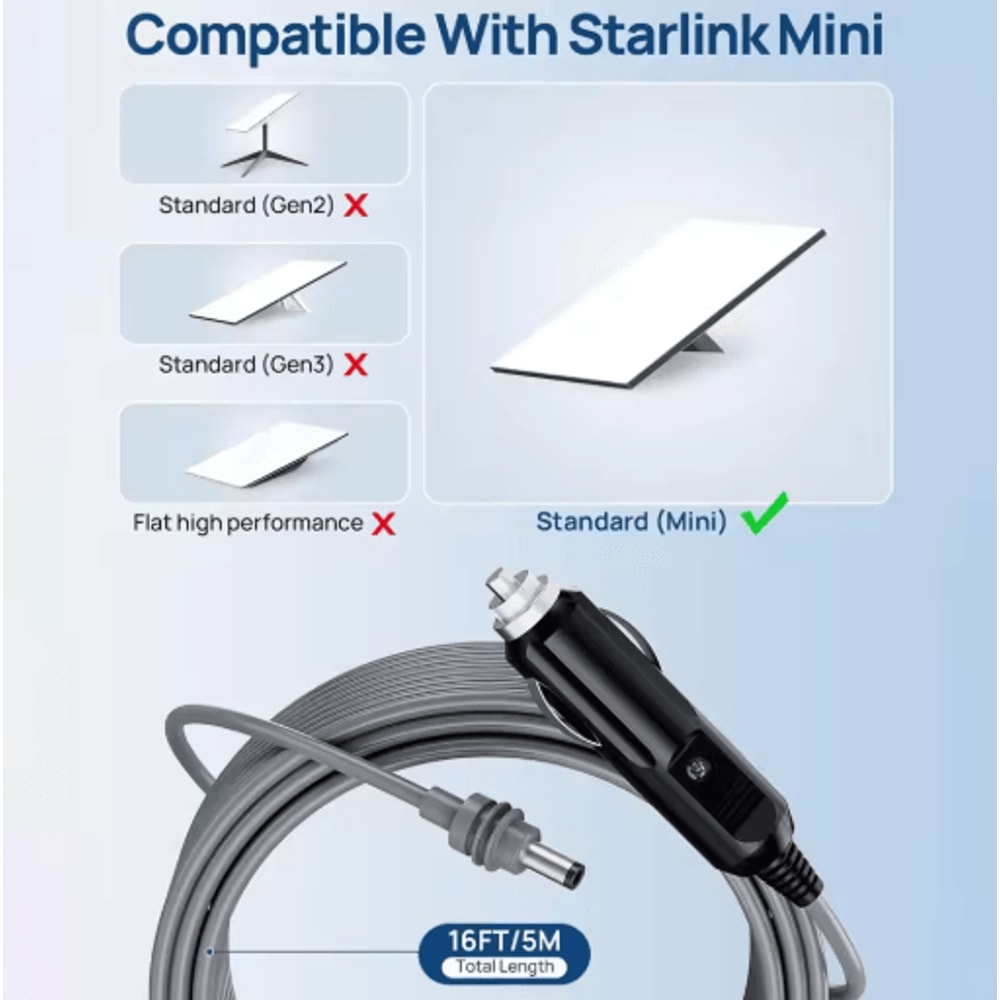 Starlink Mini 12V DC Power Cable Direct Cigarette Lighter Adapter 16FT 5M Waterproof 6
