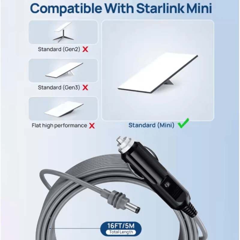Starlink Mini 12V DC Power Cable Direct Cigarette Lighter Adapter 16FT 5M Waterproof 6
