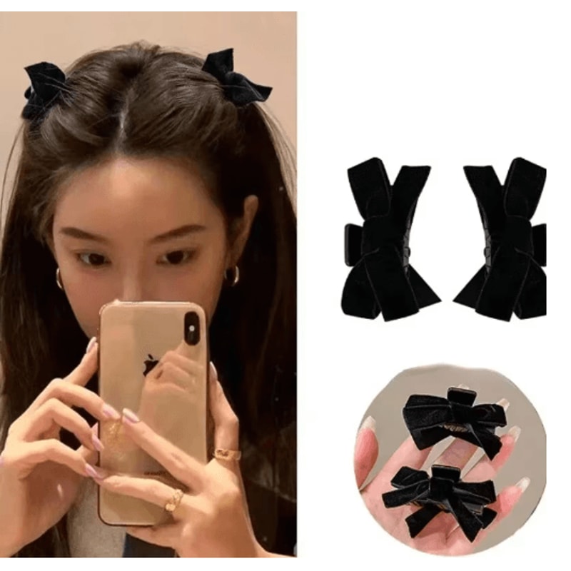 2 Piece Vintage Black Bow Velvet Hair Clip Set Princess Style Grab Clips 7