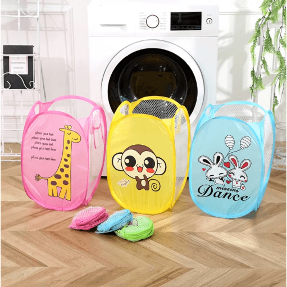 Cartoon Foldable Laundry Basket Nylon Mesh Dirty Clothes Hamper 0