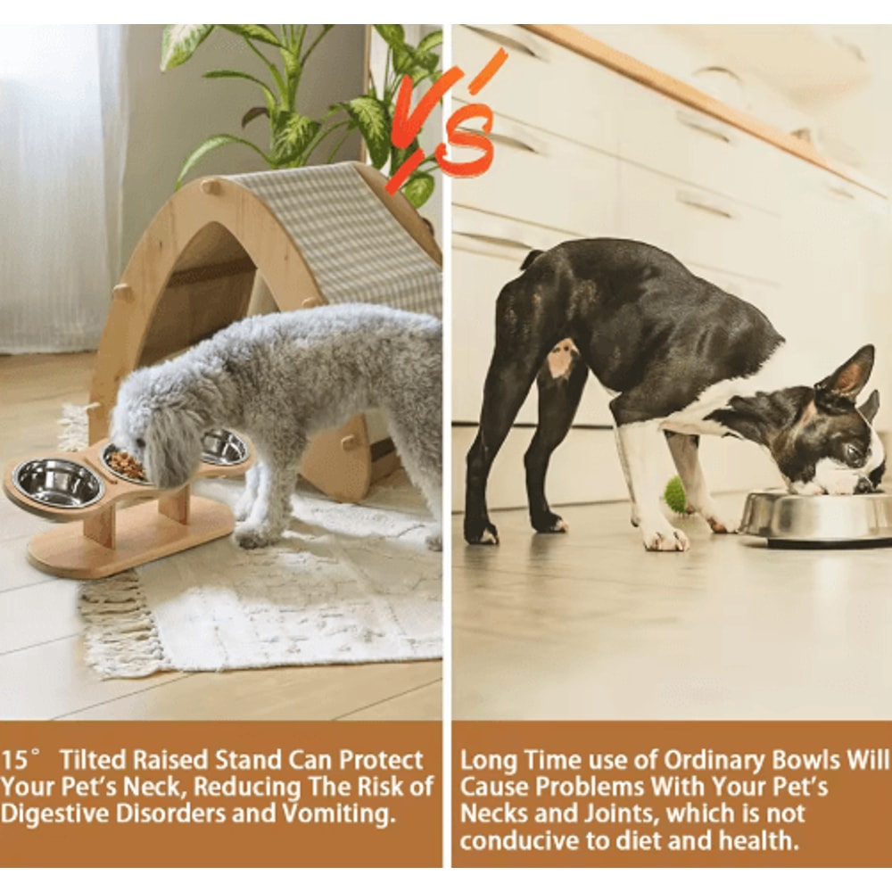 Raised Cat Feeder With 3 Stainless Steel Bowls 15 Ergonomic Wooden Feeding Watering Station 5
