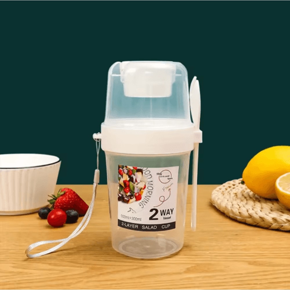 Portable TwoLayer Breakfast Salad Cup With Fork Oatmeal Yogurt Bento Lunch Container 2