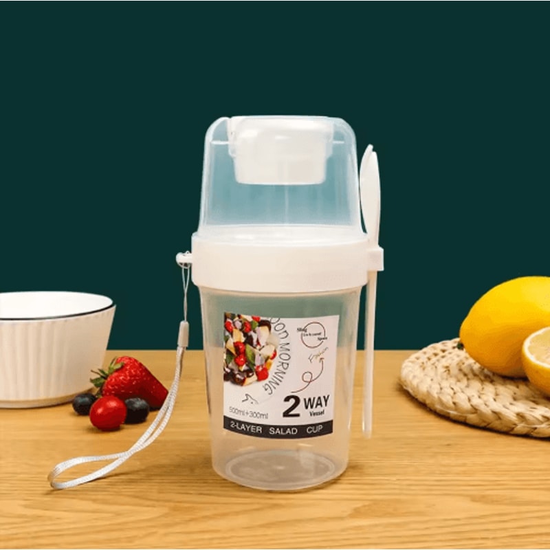 Portable TwoLayer Breakfast Salad Cup With Fork Oatmeal Yogurt Bento Lunch Container 2