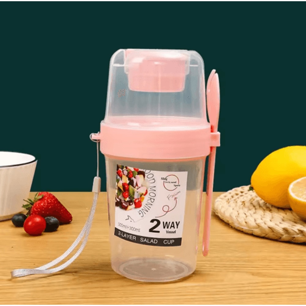 Portable TwoLayer Breakfast Salad Cup With Fork Oatmeal Yogurt Bento Lunch Container 3