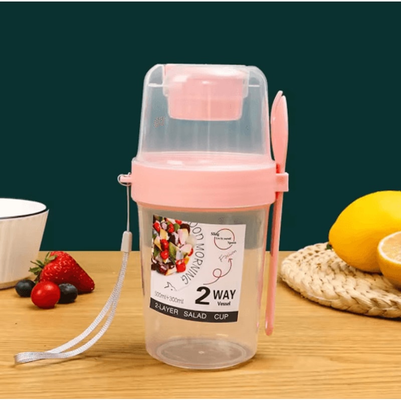 Portable TwoLayer Breakfast Salad Cup With Fork Oatmeal Yogurt Bento Lunch Container 3