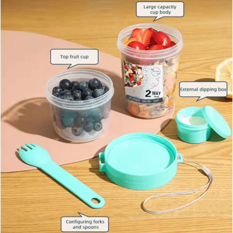Portable TwoLayer Breakfast Salad Cup With Fork Oatmeal Yogurt Bento Lunch Container 4