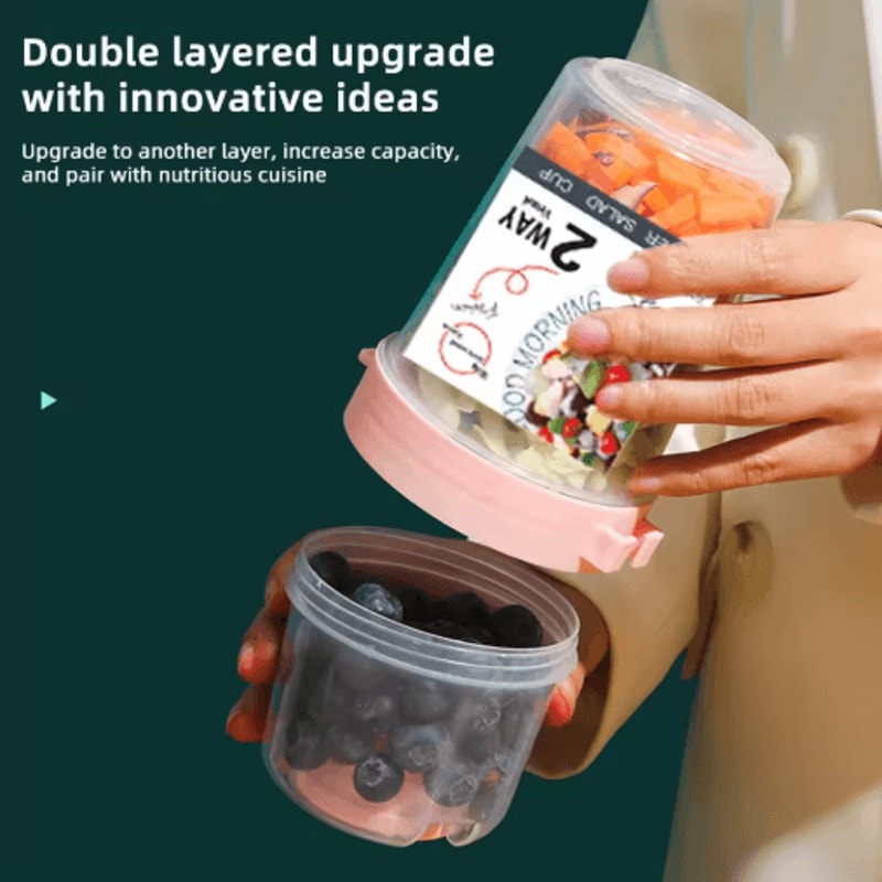 Portable TwoLayer Breakfast Salad Cup With Fork Oatmeal Yogurt Bento Lunch Container 5