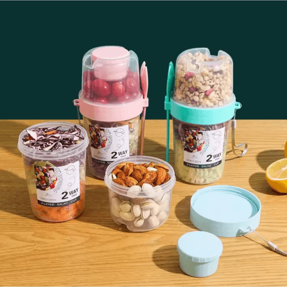 Portable TwoLayer Breakfast Salad Cup With Fork Oatmeal Yogurt Bento Lunch Container 0