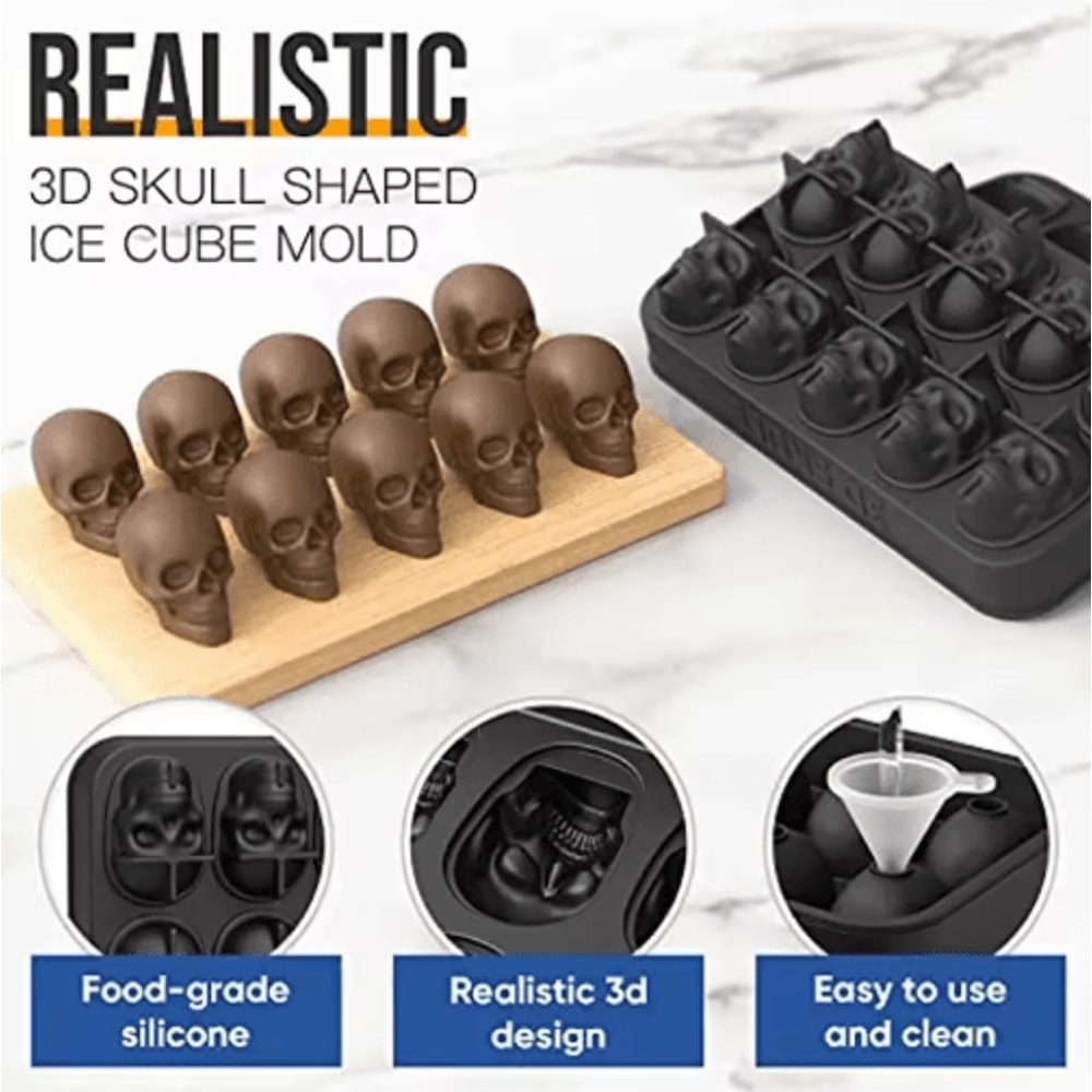 3D Skull Ice Cube Tray 10Cavity Silicone Skull Mold With Funnel For Whiskey Baking 7