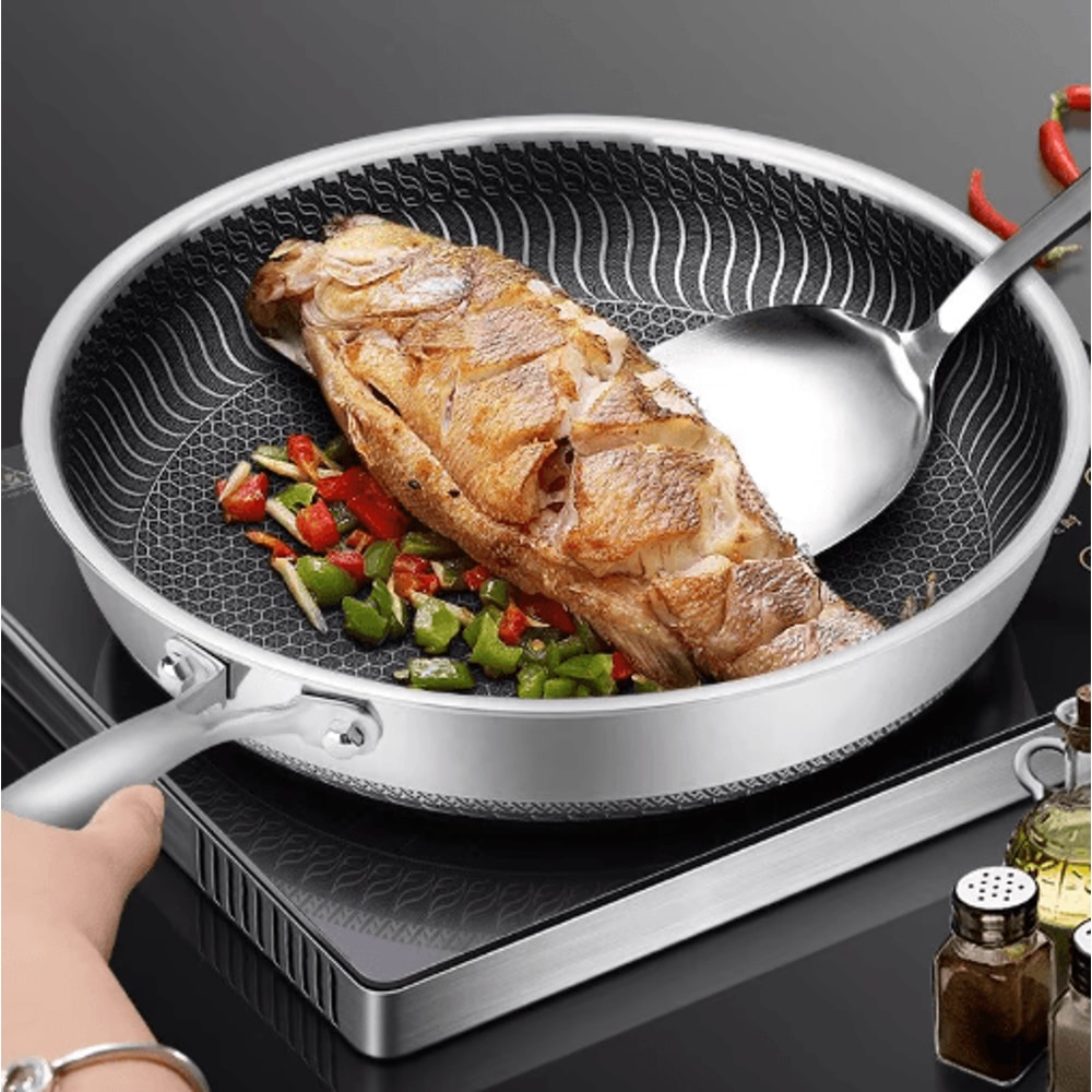TriPly 316 Stainless Steel Honeycomb Frying Pan WholeBody Wok Skillet For All Stoves 6