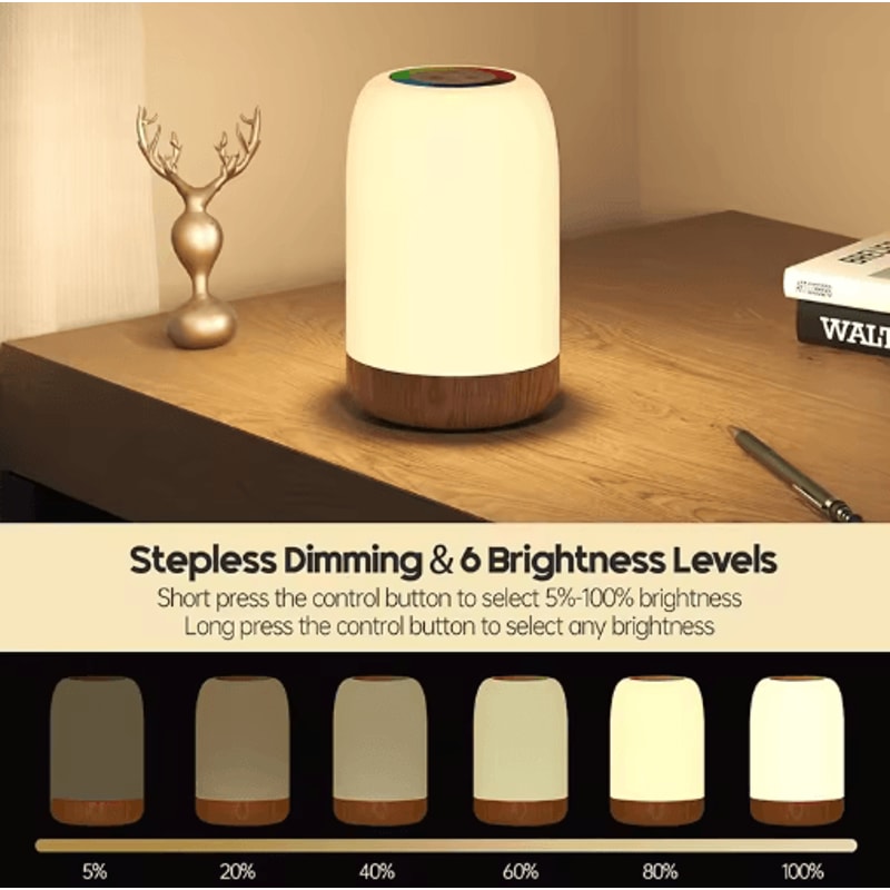 LED Touch Lamp With Dimmable RGB Colors Wood Grain Base 6
