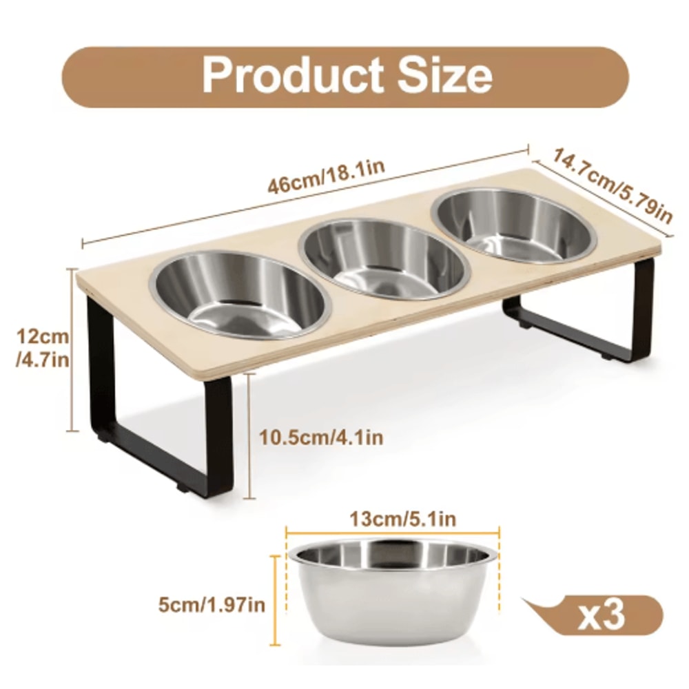 Elevated Cat Bowls Feeder With 15 Tilt 3 Stainless Steel Bowls 1